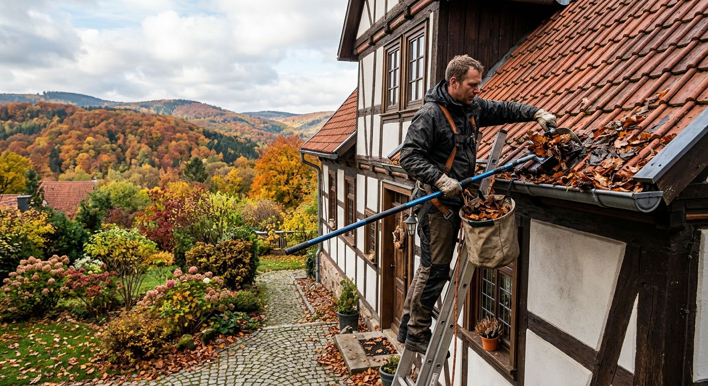 Fachmann reinigt Dachrinne an einem deutschen Haus im Herbst