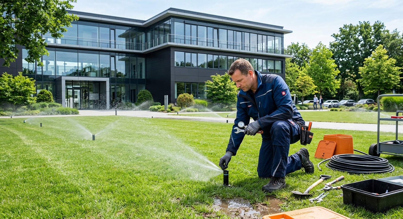Bewässerungssystem Gewerbeimmobilie mit Sprinkleranlage und Fachmann