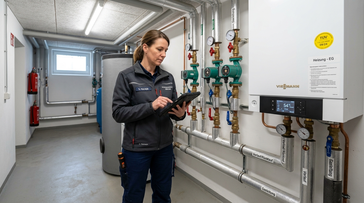 Facility Manager kontrolliert moderne Heizungsanlage im Harzkreis