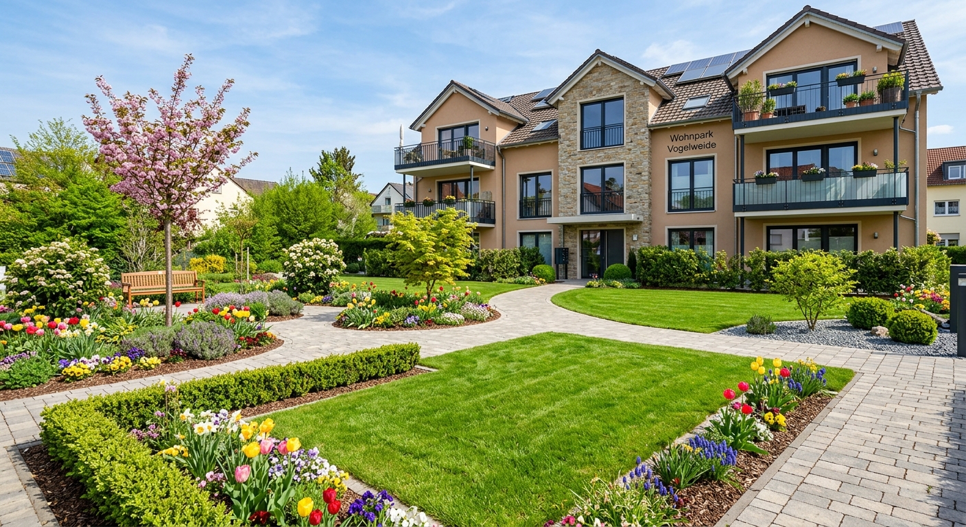 Gepflegte Grünfläche einer Wohnanlage im Harz mit Rasen und Blumenbeeten