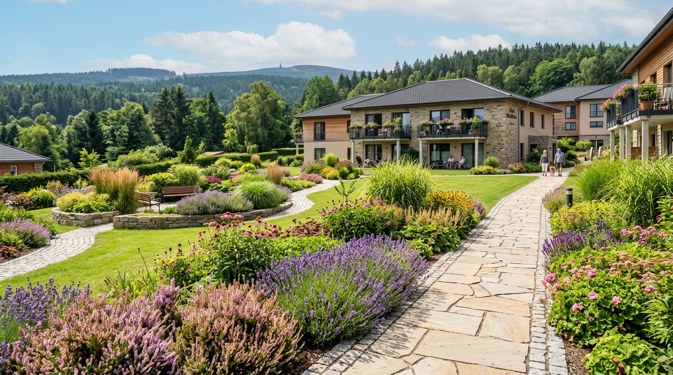 Gepflegte Außenanlage mit Stauden und Gräsern vor Harz-Landschaft im Sommer