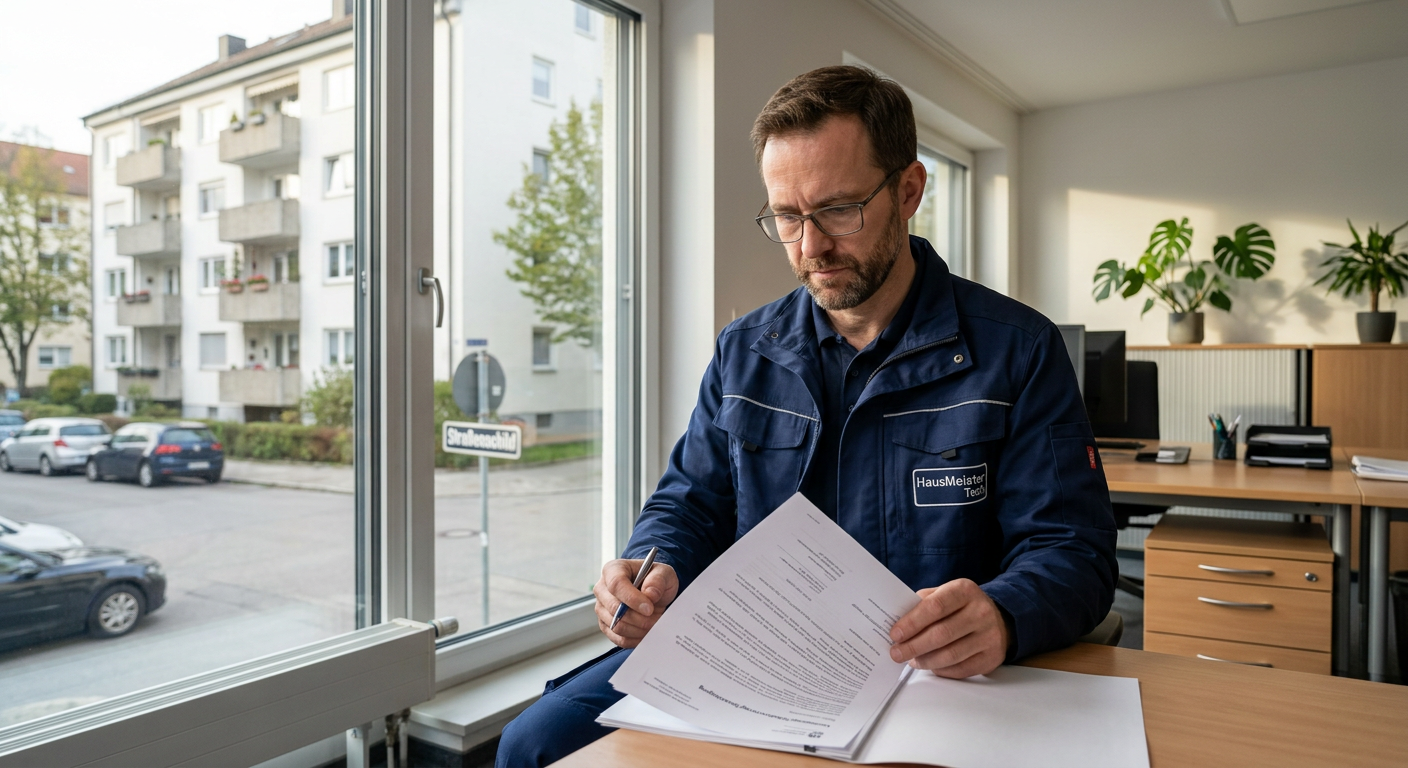 Facility Manager prüft Vertragsunterlagen zur Kündigung eines Hausmeister-Dauervertrags