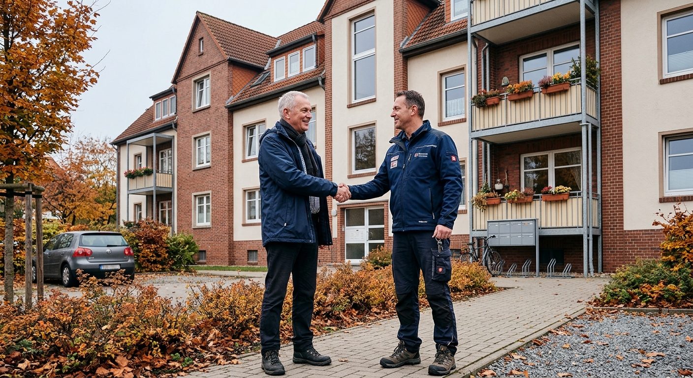 Vermieter und Hausmeister schütteln die Hand vor einem Mehrfamilienhaus im Harz