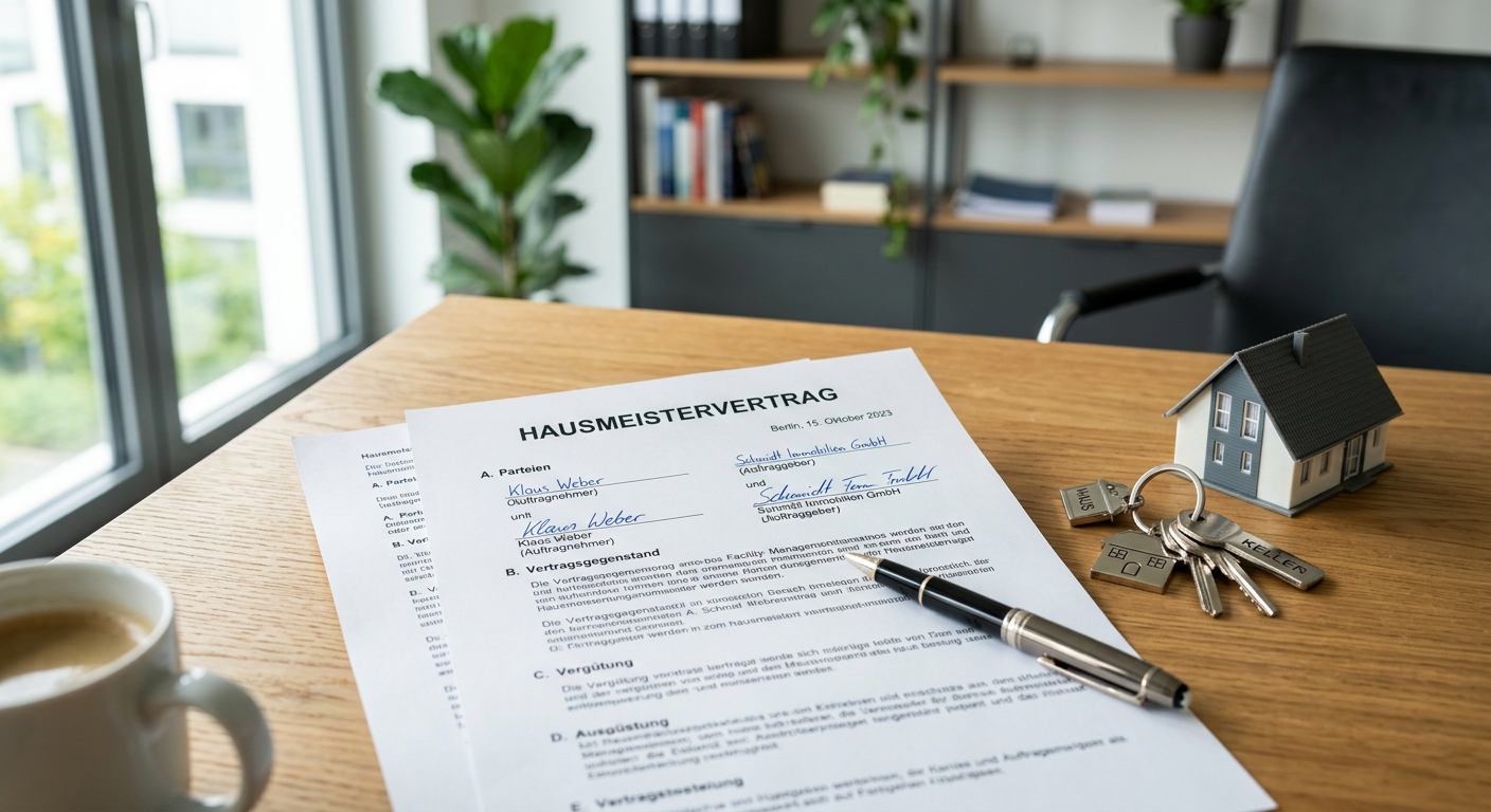 Hausmeistervertrag Muster 2026: Dokument auf Schreibtisch mit Schlüssel