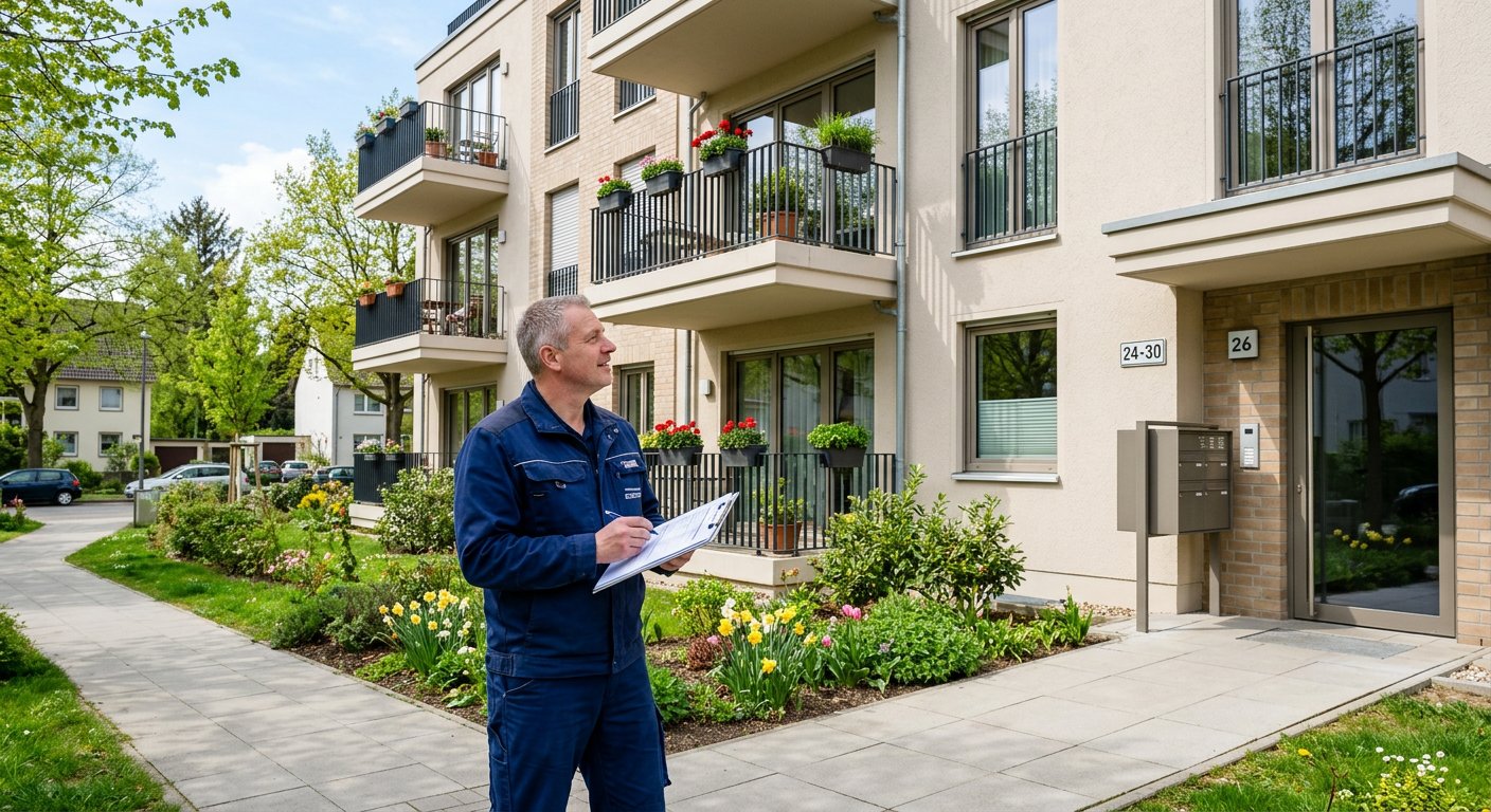 Hausmeister inspiziert Wohnanlage - Dauervertrag für WEG