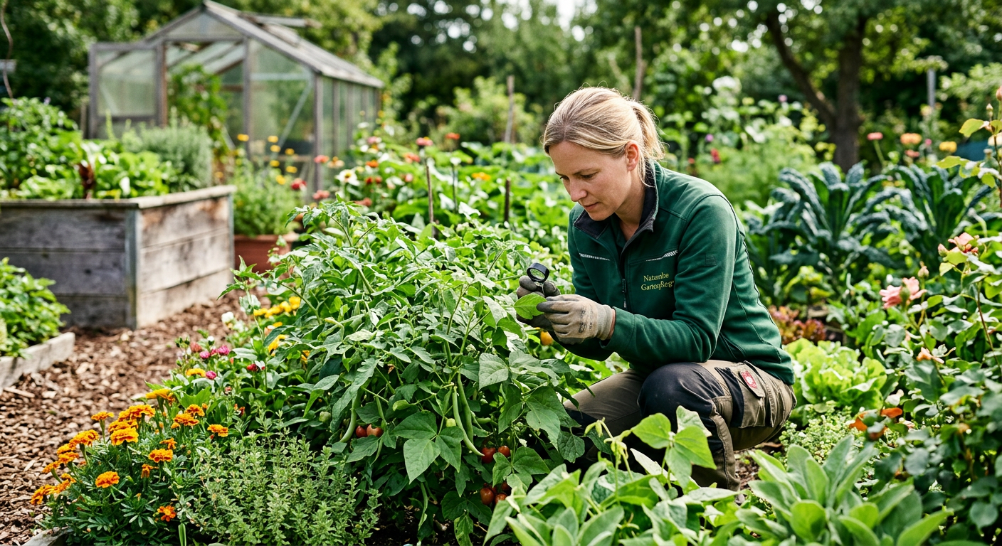 Hausmeister kontrolliert Gartenpflanzen auf Schädlinge