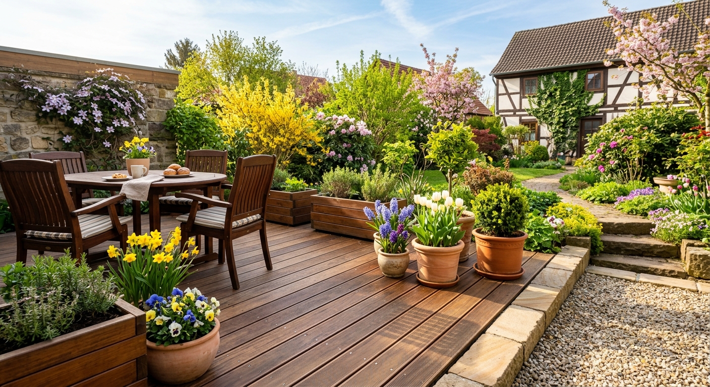 Gepflegte Holzterrasse im Frühhjahr im Garten