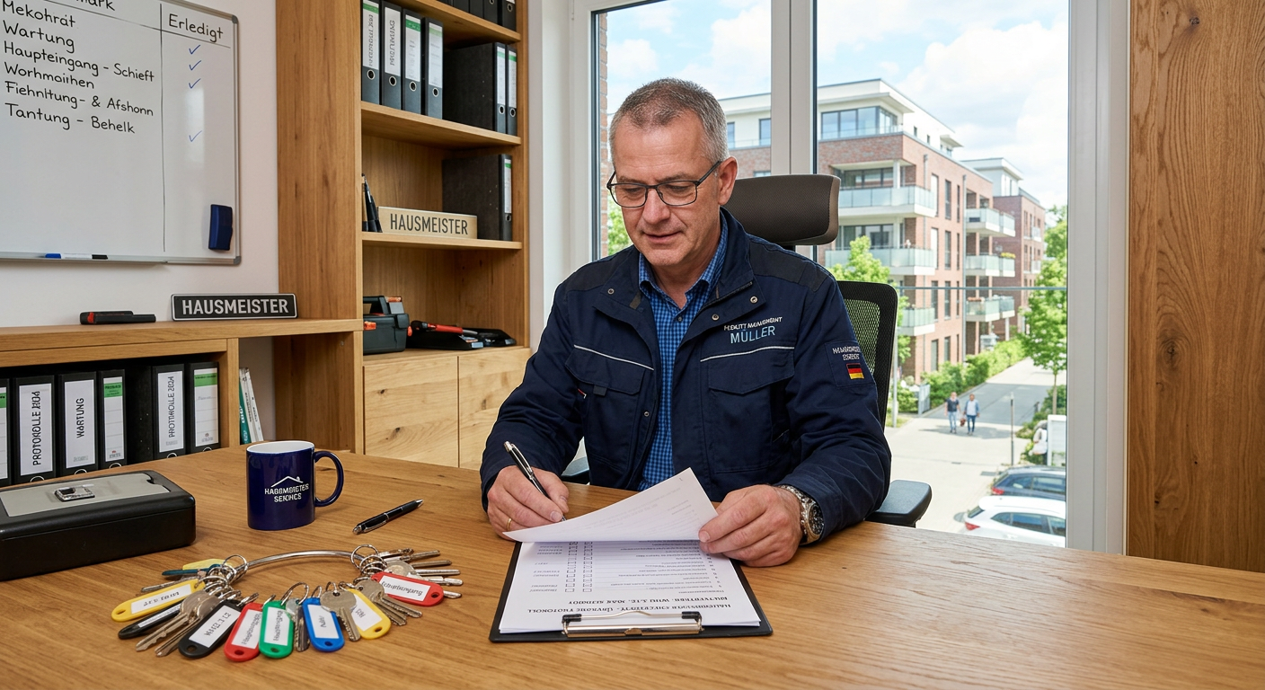 Facility Manager prüft Hausmeister-Dauervertrag mit Checkliste