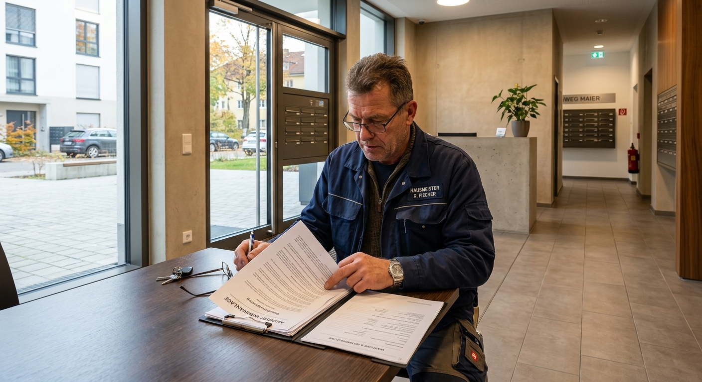Hausmeister prüft Dauervertrag Unterlagen an einem Wohngebäude
